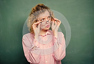 Sexy teacher concept. Smart girl teaching you. Let me see. Attractive educator. Playful teacher. Woman school teacher