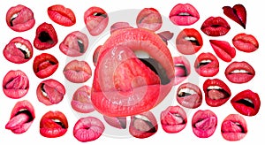 Sexy tongue licking sensual lips. Lips and mouth. Red lip background. Female lips.