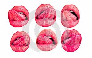 Sexy tongue and lips. Set of female lips on white isolated background, clipping path. Collection of mouth with red lip.