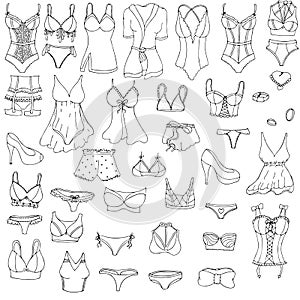 Sexy underwear for woman - bra, underpants, set, peignoir vector set of elements in doodle style