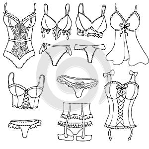 Sexy underwear for woman - negligee, peignoir, corset, briefs, bra, vector set of elements in doodle style