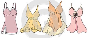 Sexy underwear for woman - negligee, peignoir, corset, colors vector set of elements in doodle style