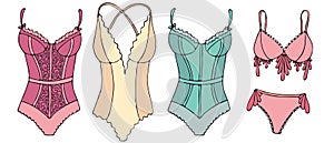 Sexy underwear for women - negligee, peignoir, colors vector set of elements in doodle style
