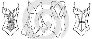 Sexy underwear for women - negligee, peignoir, vector set of elements in doodle style