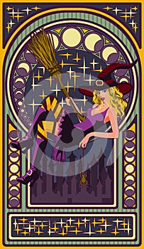 Sexy witch with a broom, art nouveau style card