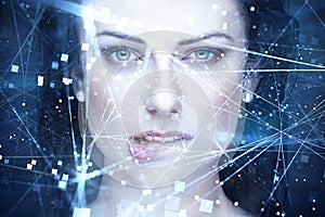 woman artificial intelligence with connections bite lips photo