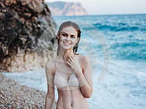 Sexy Woman in Bikini Model Swimsuit Wet Hair Transparent Ocean Water White Foam