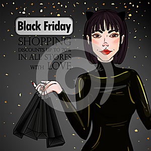 Sexy woman in black latex suit with cat ears hold paper bags.