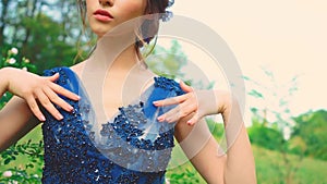 Sexy woman body part beauty face. closeup hands stroking corset blue dress lace beads elegant royal luxury ball gown