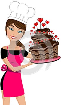 Woman Chef Valentine Day Big Chocolate Cake