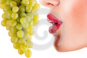 woman eating green grapes, sensual red lips