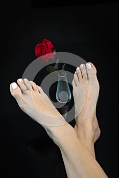 Pretty feet crossed and beautiful red rose in glass vase in the middle, woman foot on abstract black background photo