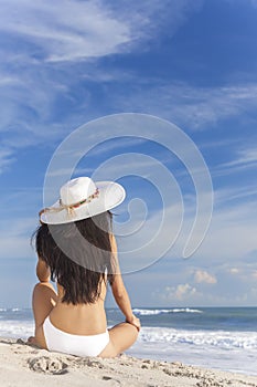 Woman Girl Sitting Sun Hat & Bikini on Beach