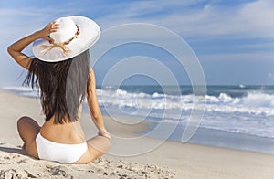 Woman Girl Sitting Sun Hat & Bikini on Beach