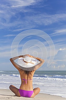 Woman Girl Sitting Sun Hat & Bikini on Beach