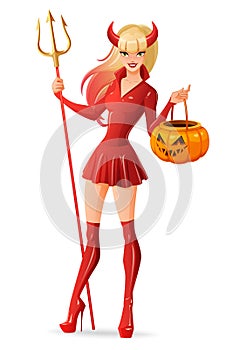 woman in Halloween devil costume with jack-o -lantern pumpkin basket. Isolated vector illustration.