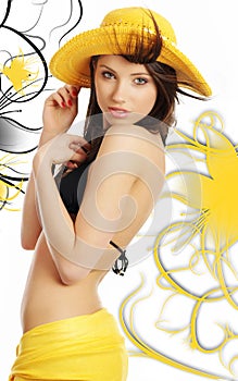 woman in hat and bikini. swirl abstract back