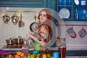 Woman in elegant style on vintage luxury kitchen interior