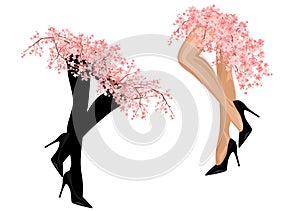 sexy woman legs wearing high heels shoes and spring flower branches skirt vector design