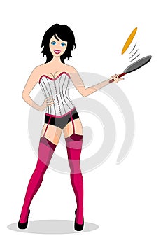 Sexy woman making pancakes on a frying pan. vector illustration