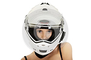 woman with motorcycle helmet.