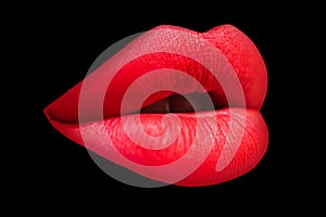 Sexy woman mouth, passion and sensual lips. Seduction temptation passion. Abstract art design, banner. Isolated on black