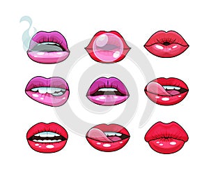 Sexy woman mouth set. Red sexy girls lips love kissing stickers expressing with differents emotions smile, kiss, discontent