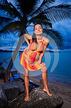 Sexy woman posing on the beach rocks at sunset