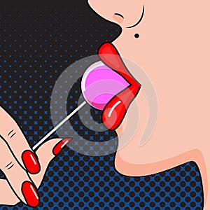 woman red lips licking lollipop. Vector illustration in comic pop art style