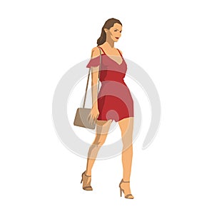 Sexy woman in red summer clothes walking with handbag, isolated geometric vector illustration