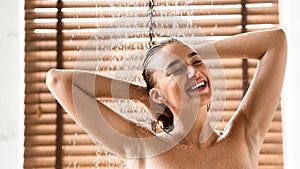 Sexy Woman In Shower, Standing Under Water Drops