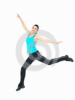 woman showing fitness moves, white background photo