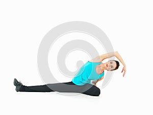 woman showing fitness moves, white background photo