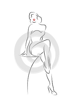 woman silhouette diva Hollywood drawn in line style, girl outline drawing isolated in white background, burlesque fash photo