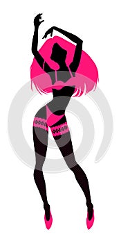 Sexy woman silhouette in underwear, club burlesque performer, dancer, stripper, go-go girl, vector illustration