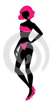 Sexy woman silhouette in underwear, club burlesque performer, dancer, stripper, go-go girl, vector illustration