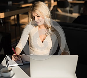 Sexy woman using laptop pc sitting in cafe