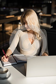 Sexy woman using laptop pc sitting in cafe