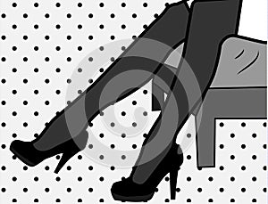 women legs in high heels shoes and black stockings. Pop art style illustration, black and white tones