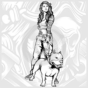 Sexy women with pit bull hand drawing vector