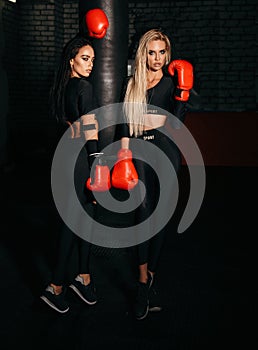 Sexy women in sportive clothes and boxing gloves are training in gym