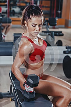 young athletics girl doing biceps dumbbells curl exercises on bench in gym