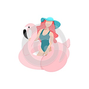 Vector cartoon summer time fun beach girl with pink flamingo