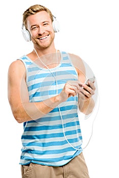 young man wearing headphones isolated on white