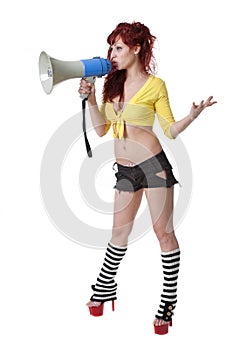 young red-haired woman with megaphone