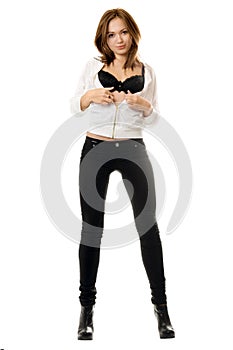 young woman in black tight jeans photo