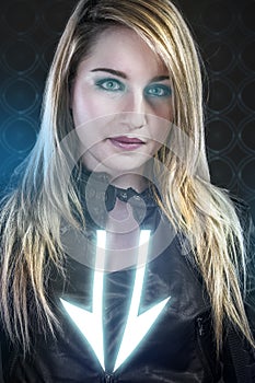 young woman with blue neon lights, future warrior costume,