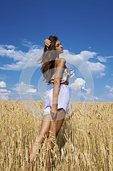 young woman in blue shorts in a wheat golden field