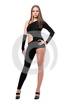 young woman in skintight black costume photo