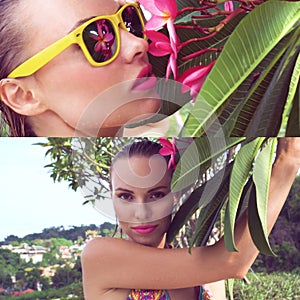 young woman wearing bikini with wet hair and tree flower on a sunny day